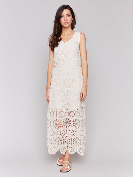 Cotton Crochet Sleeveless Maxi Dress - Natural