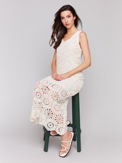 Cotton Crochet Sleeveless Maxi Dress - Natural