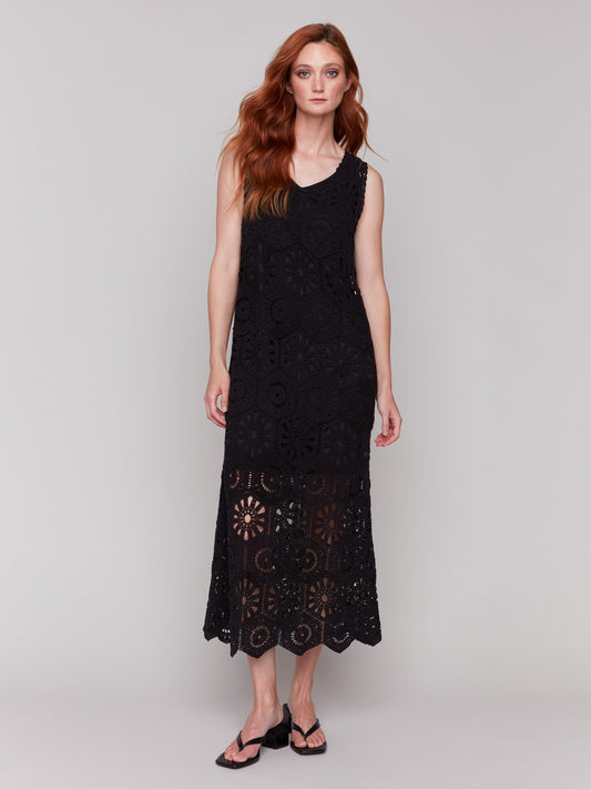 Cotton Crochet Sleeveless Maxi Dress - Black