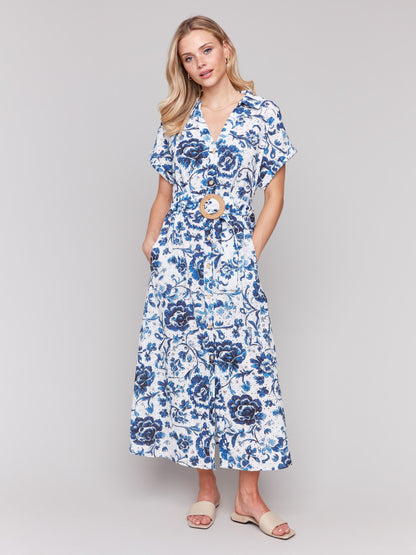 Floral Print Cotton Maxi Dress - Delphinium