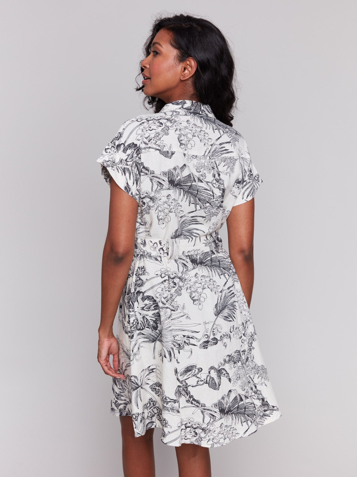 Linen Blend Short Sleeve Button-Front Dress - Black & Cream