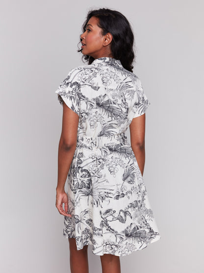Linen Blend Short Sleeve Button-Front Dress - Black & Cream