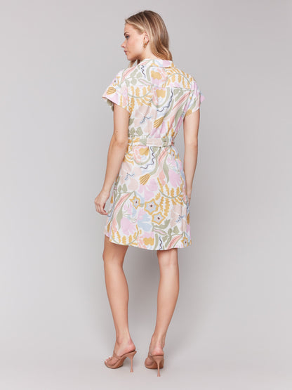 Linen Blend Short Sleeve Button-Front Dress - Pastel
