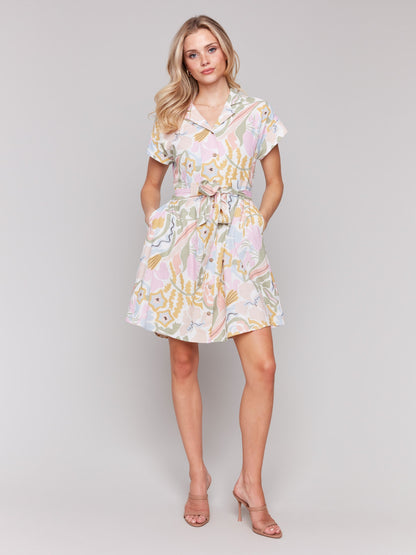 Linen Blend Short Sleeve Button-Front Dress - Pastel