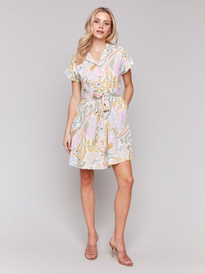 Linen Blend Short Sleeve Button-Front Dress - Pastel