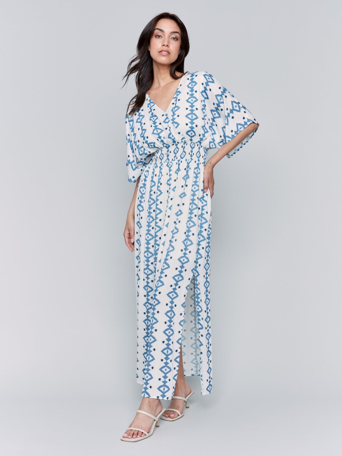 Printed Dolman Sleeve Maxi Dress with Side Slits - Geo