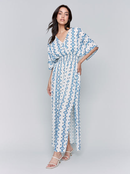 Printed Dolman Sleeve Maxi Dress with Side Slits - Geo