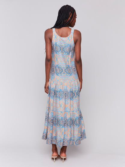 Printed Rayon Tiered Maxi Dress - Papaya