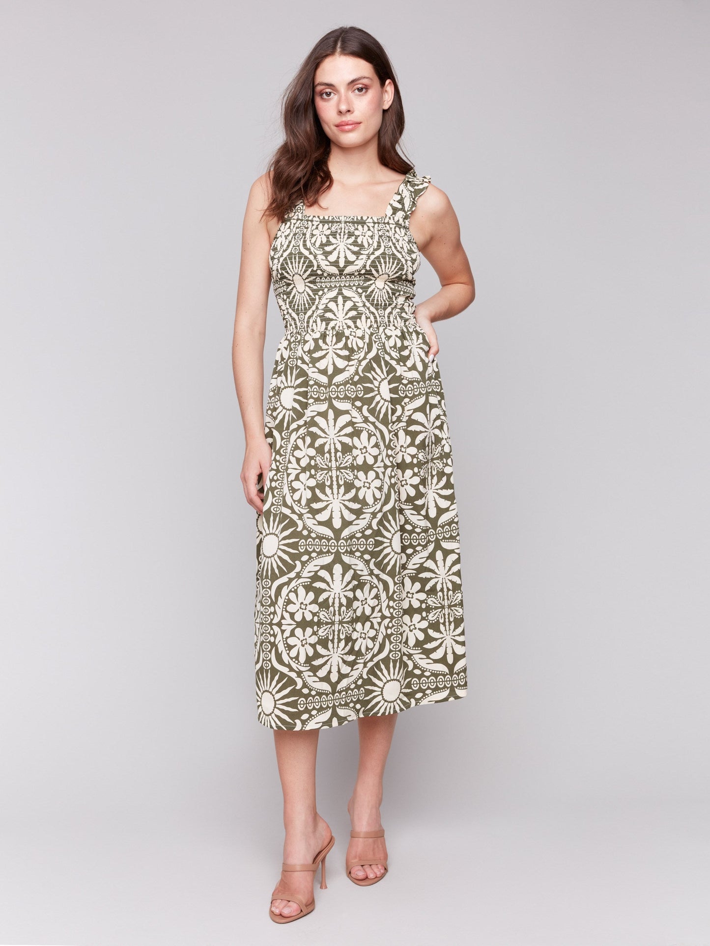 Printed Sleeveless Midi Dress with Shirring Detail - Celadon