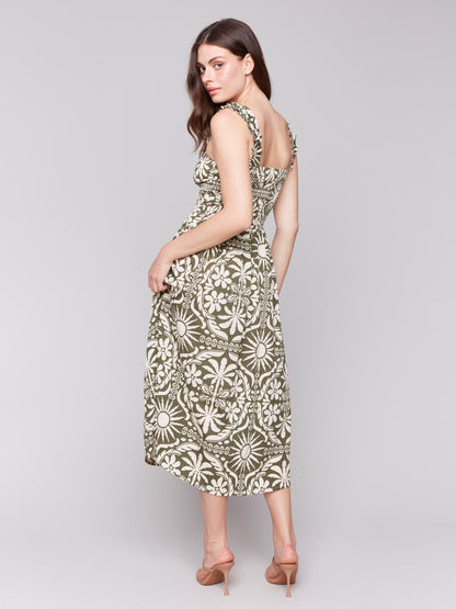 Printed Sleeveless Midi Dress with Shirring Detail - Celadon