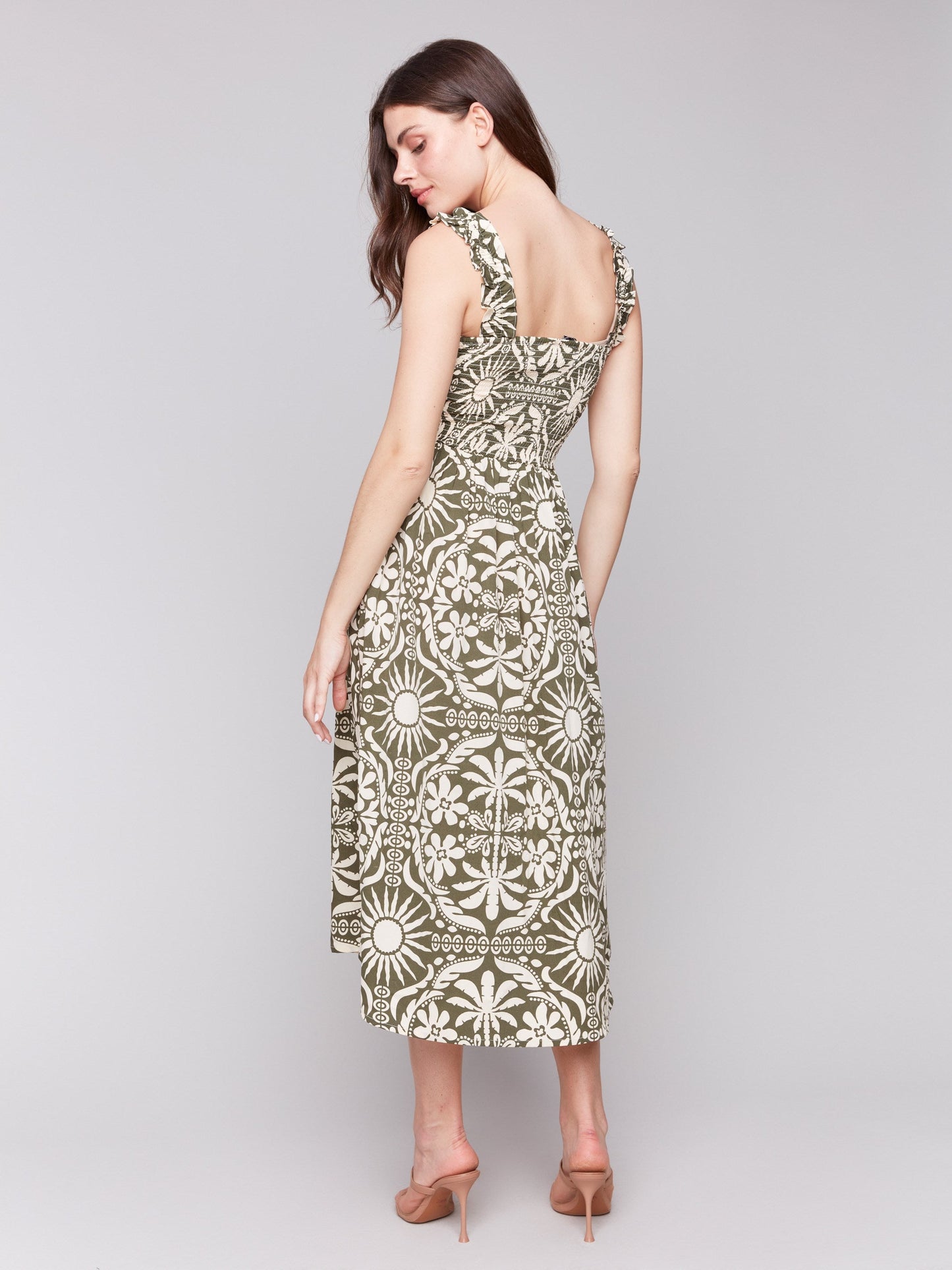 Printed Sleeveless Midi Dress with Shirring Detail - Celadon