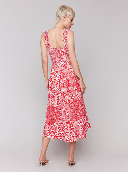 Printed Sleeveless Midi Dress with Shirring Detail - Fiesta
