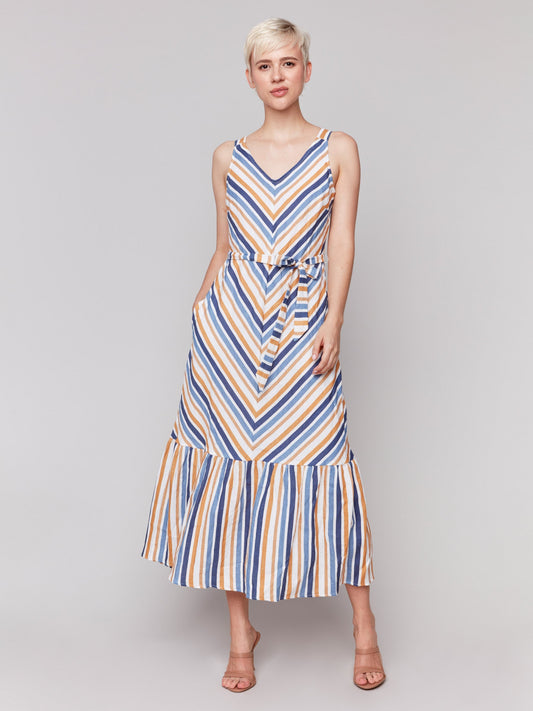 Striped Linen Blend Maxi Dress with Sash - Denim