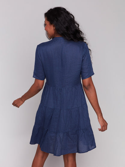 Tiered Linen Blend Dress - Navy