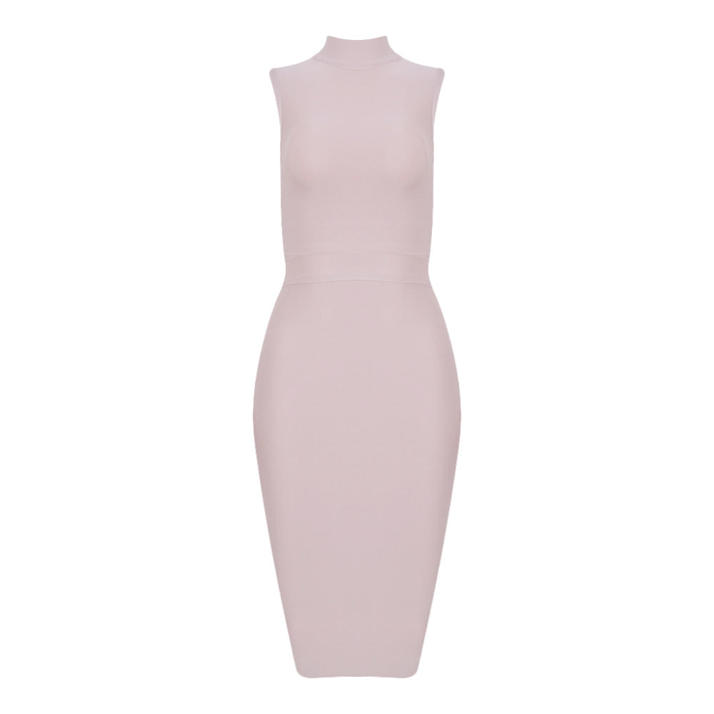 Hot sale classic high collar sleeveless red bandage women's clothing cross-border slim elastic OL banquet dress