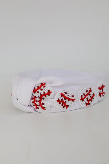 White Beaded Baseball Knotted Headband