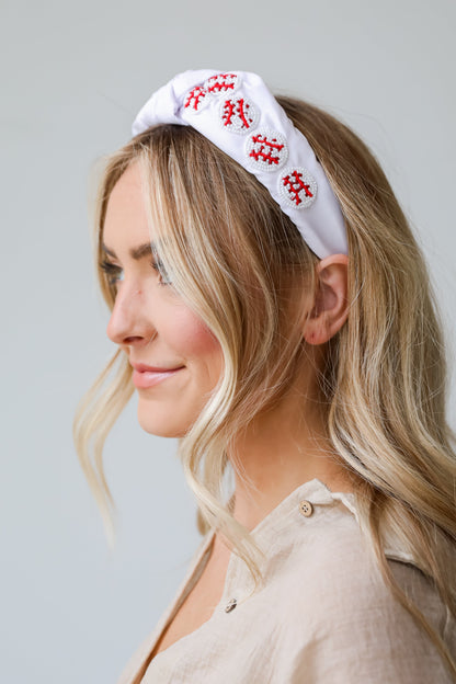 White Beaded Baseball Knotted Headband